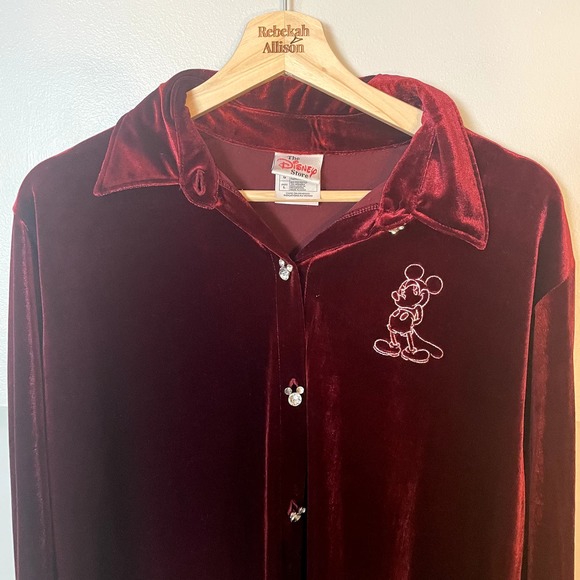 Vintage Disney Velour Long Sleeve Button Up in Burgundy Mickey Mouse SZ Large - Picture 2 of 14